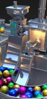 Futuristic machine with colorful spheres on a metallic background.
