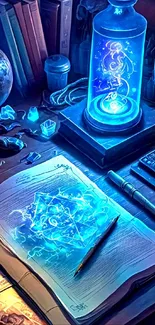 Futuristic desk with blue glowing magic symbols.