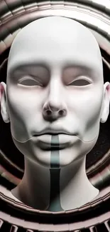 Futuristic mannequin face against a mechanical background.