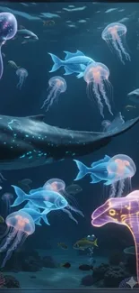 Holographic sea creatures in a blue ocean wallpaper.