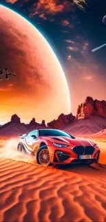 Futuristic red sports car on Mars-like desert landscape with planets.