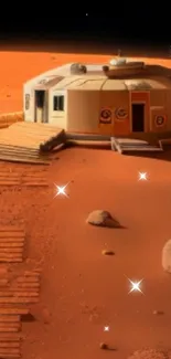 Futuristic Mars habitat under a massive spaceship, bathed in orange hues.