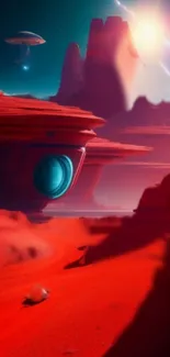 Futuristic Mars landscape with red terrain and spacecraft.