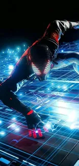 Futuristic superhero in dynamic action pose on digital grid.