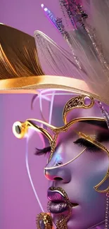 Elegant futuristic mask art with gold details in vibrant colors.