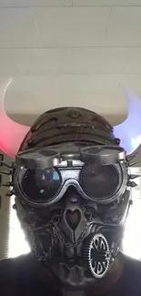 Futuristic steampunk mask with neon horns.