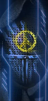 Dark futuristic wallpaper with yellow peace symbol.