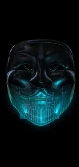 Futuristic mask with cyan glow on black background.