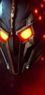 Futuristic mask with glowing red eyes on dark background.