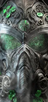 Futuristic metallic mask with green details on dark background