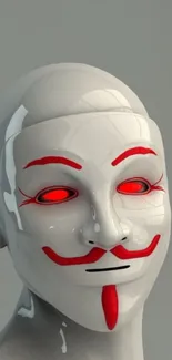 Futuristic white mask with red accents and glowing eyes.