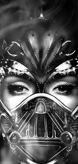 Futuristic mask with intricate details and smoky background.