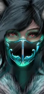 Futuristic character with glowing teal mask and anime elements.