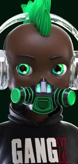 Futuristic neon character with headphones and mask on dark background.