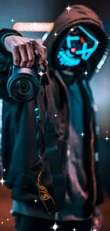 Masked photographer with a camera and neon lights in a dark setting.