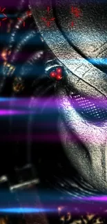 Futuristic masked warrior in dark aesthetic wallpaper.