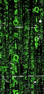 Futuristic wallpaper with Matrix code design in neon green.