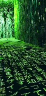 Futuristic Matrix code wallpaper with green digital symbols.