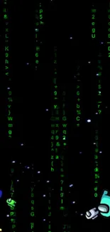 A mobile wallpaper featuring glowing green matrix code on a dark background.