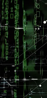 Futuristic dark green matrix code wallpaper with digital abstract patterns.