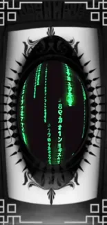 Matrix-themed wallpaper with green digital codes on black background.