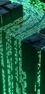 Futuristic matrix-inspired digital waterfall design in green hues.