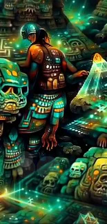 Futuristic Mayan art with neon colors and intricate patterns for mobile wallpaper.