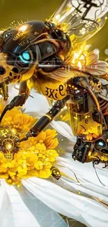 Futuristic mechanical bee on daisy wallpaper.