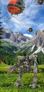 Robots and drones in mountain landscape