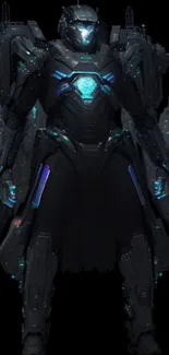 Futuristic mech suit with blue glowing accents, set against a dark background.