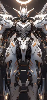 Futuristic mecha with white armor and glowing accents for mobile wallpaper.