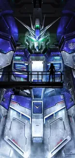 Futuristic mecha with blue metallic armor featuring a silhouette on a platform.