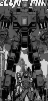 Black and white mecha robot illustration in a futuristic setting.