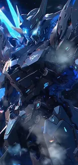 Futuristic mecha robot with blue highlights and sleek armor.