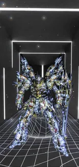 Futuristic mecha robot in a digital corridor with black background.