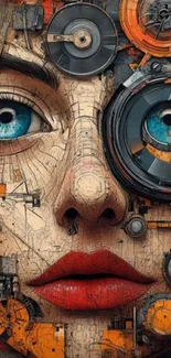 Futuristic face with gears and blue eyes.