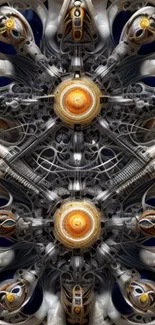 Futuristic mechanical art wallpaper with complex design and orange accents.