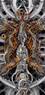 Futuristic mechanical art wallpaper with silver and orange design.