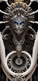 Futuristic mechanical art with intricate designs in gray tones.