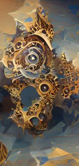 Futuristic mechanical art with gears and bronze tones in a mobile wallpaper.