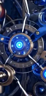 Futuristic blue and metallic gear design wallpaper.