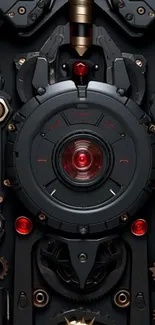 Close-up of futuristic mechanical gear design in black and red.