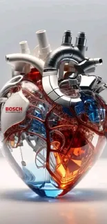 Futuristic mechanical heart artwork with metallic and vibrant blue and orange colors.