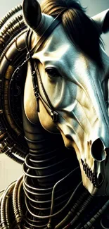 Futuristic mechanical horse with intricate details.