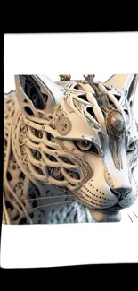 Intricate mechanical leopard artwork on futuristic phone wallpaper.