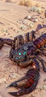 Futuristic mechanical scorpion in a sandy desert landscape.