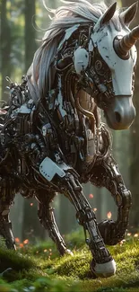 Mechanical unicorn in a forest setting, combining fantasy and technology.