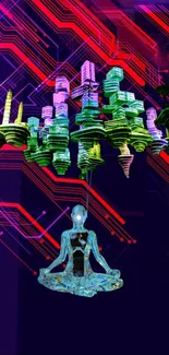 Abstract futuristic wallpaper with neon colors and meditating figure.