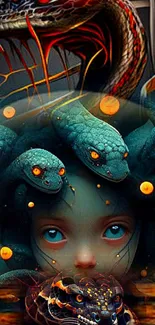 Futuristic Medusa with snakes digital wallpaper in teal and orange hues.