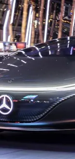 Futuristic Mercedes car with glowing wheels driving at night in the city.